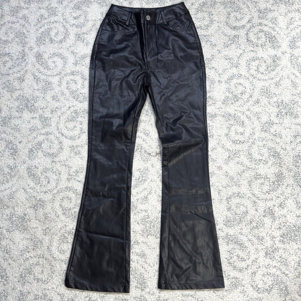 Nasty Gal Faux Leather Star Bum Flared Pants Size 0 Black Bellbottoms Rock New - Picture 2 of 11